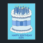 Grattis på födelsedagen Son Tecknad Cake and Candl Vykort<br><div class="desc">En stor tecknad födelsedagskalas med tända ljus på och ord "Grattis på födelsedagen Son" sätts mot en ljusblå bakgrund.</div>
