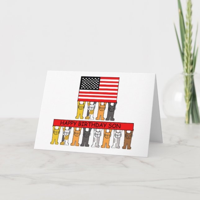 Grattis på födelsedagen Son USA flagga och Katter Kort (Framsida)