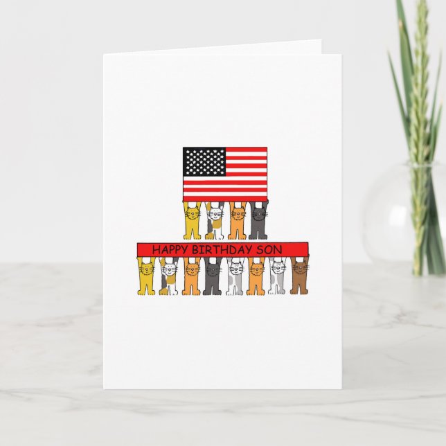 Grattis på födelsedagen Son USA flagga och Tecknad Kort (Framsida)