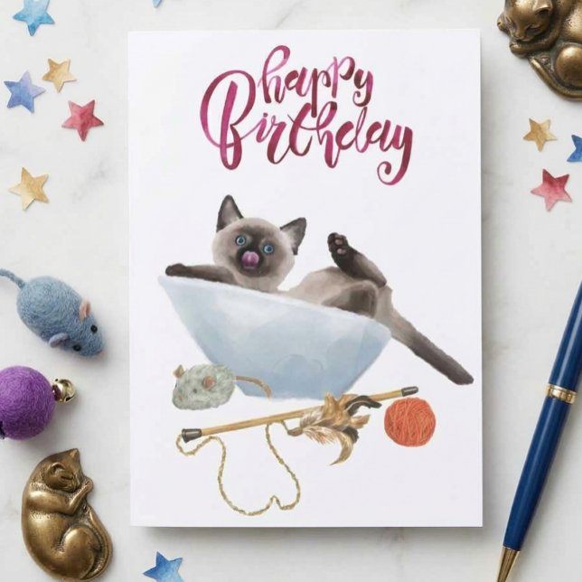 Grattis på födelsedagen Söt akvarell siamesisk kat Kort (Skapare uppladdad)