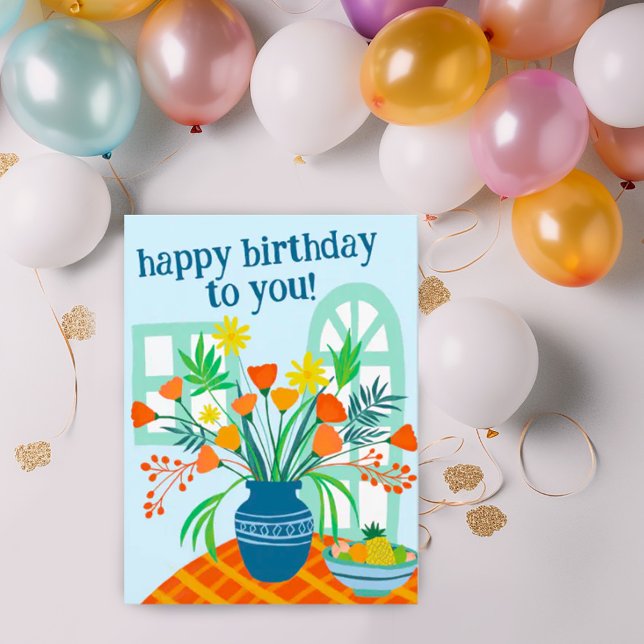 GRATTIS PÅ FÖDELSEDAGEN Söt blomsterbukett Anpassa Vykort (Sweet happy birthday postcard with drawing of a vase full of flowers. Add your own text to customize)