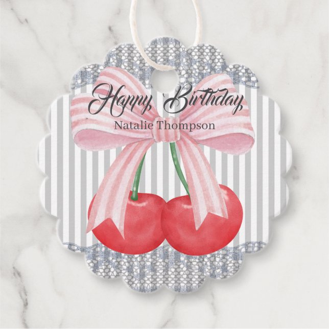 Grattis på födelsedagen Söt Cherries Blue rand pas Gåvor Etiketter (Framsida)