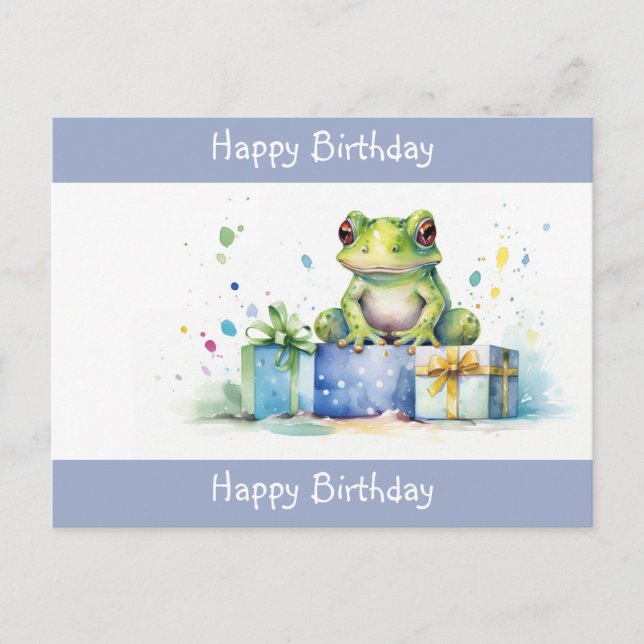 Grattis på födelsedagen Söt grön groda med inslagn Vykort (Framsida)