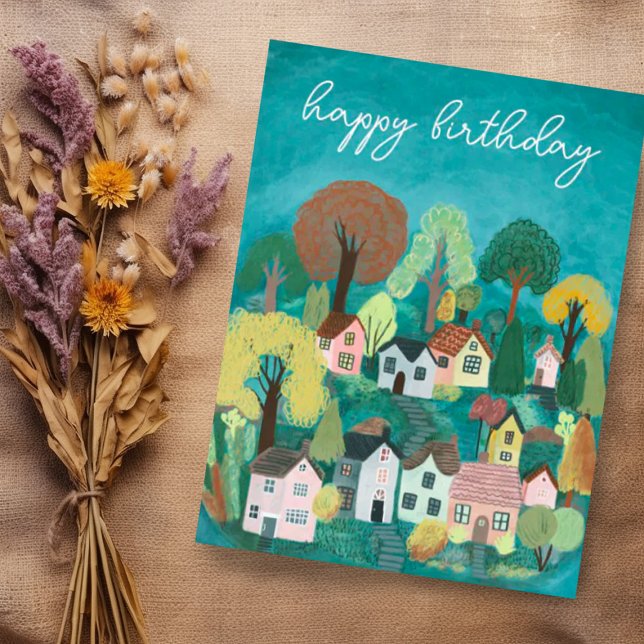 GRATTIS PÅ FÖDELSEDAGEN Söt illustration av lantli Vykort (Cute custom happy birthday postcard with charming village artwork)
