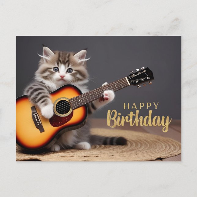 Grattis på födelsedagen Söt kattunge spelar gitarr Vykort (Framsida)