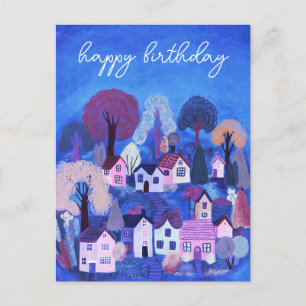 GRATTIS PÅ FÖDELSEDAGEN Söt lantlig byillustration Vykort