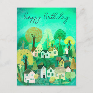 GRATTIS PÅ FÖDELSEDAGEN Söt lantlig byillustration Vykort