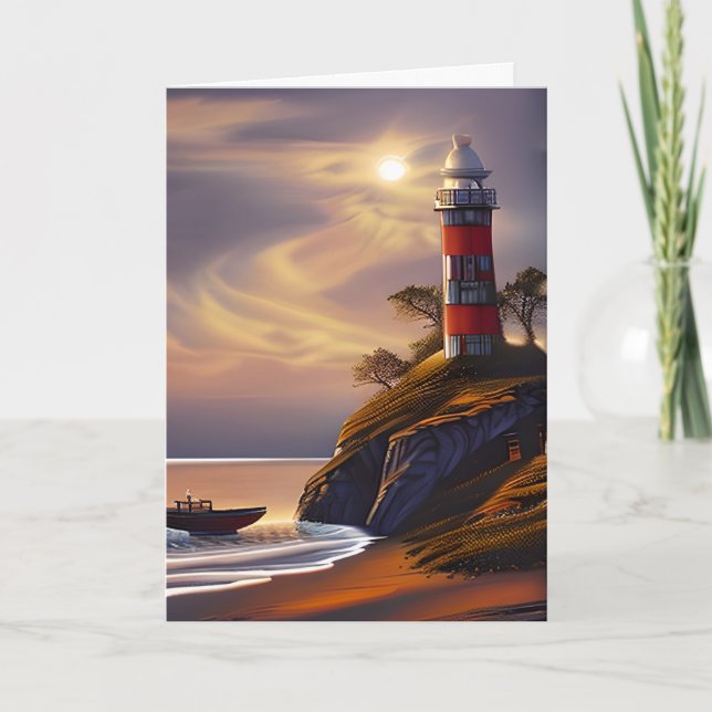 Grattis på födelsedagen | Söt Lighthouse och Sunse Kort (Framsida)
