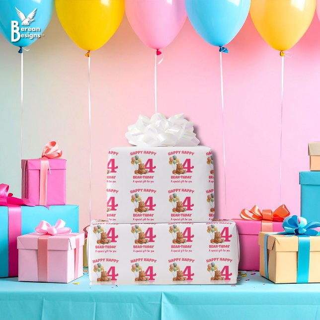 GRATTIS PÅ FÖDELSEDAGEN Söt teddybjörn 4-årsdag Presentpapper (Cute HAPPY BEARTHDAY Teddy Bear wrapping paper in pink for 4th birthday with CUSTOMIZABLE AGE & TEXT)