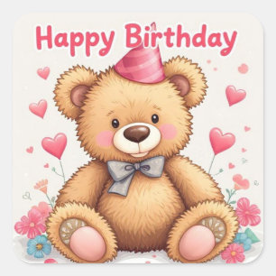 Grattis på födelsedagen Söt teddybjörn med rosa hj Fyrkantigt Klistermärke