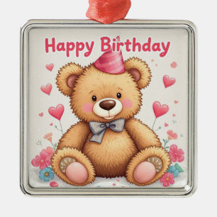 Grattis på födelsedagen Söt teddybjörn med rosa hj Julgransprydnad Metall