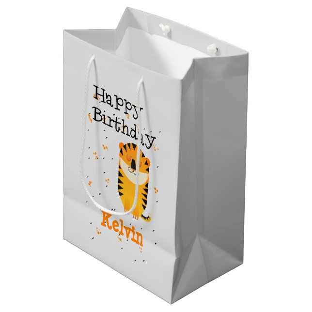 Grattis på födelsedagen söt tiger, eget namn grått (Framsidan Vinklad)