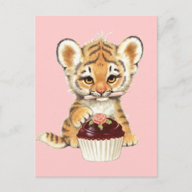 Grattis på födelsedagen - Söt tiger med cupcakes Vykort (Framsida)