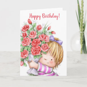 grattis på födelsedagen, söt tjej med blommor kort