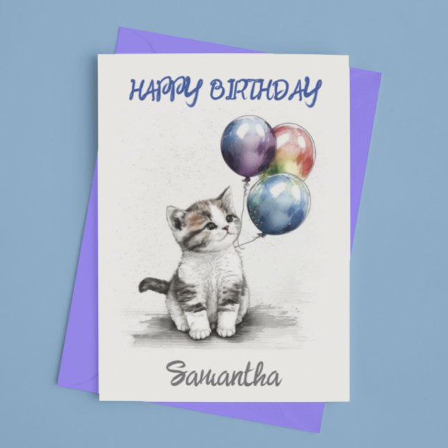 Grattis på födelsedagen sött litet katt med ballon kort (Skapare uppladdad)