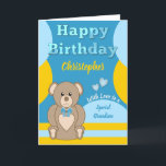 Grattis på födelsedagen speciell Grandson nalle bl Kort<br><div class="desc">Anpassa det här Grattis på födelsedagen-kortet för en speciell morson. Designad i blått,  gult och brunt,  med söt nalle. Lägg till ett namn och ditt meddelande. Grattis på födelsedagen med Kärlek</div>
