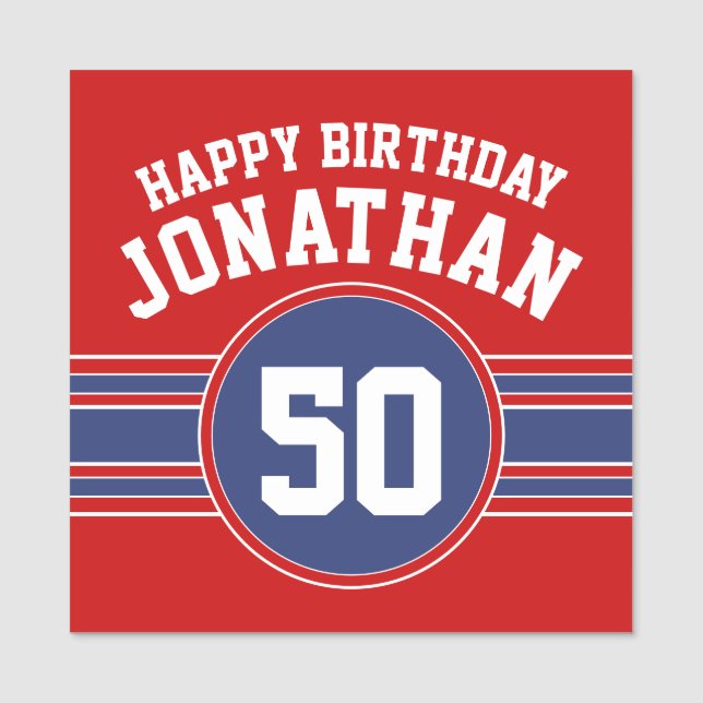 Grattis på födelsedagen Sporterar Rand med röd blå Namnbricka (Framsida)