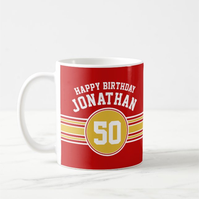 Grattis på födelsedagen Sporterar Rand med röd Gul Kaffemugg (Vänster)