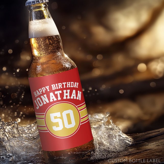 Grattis på födelsedagen Sporterar Rand med röd Gul Ölflaska Etikett (Custom Beer Bottle Label)