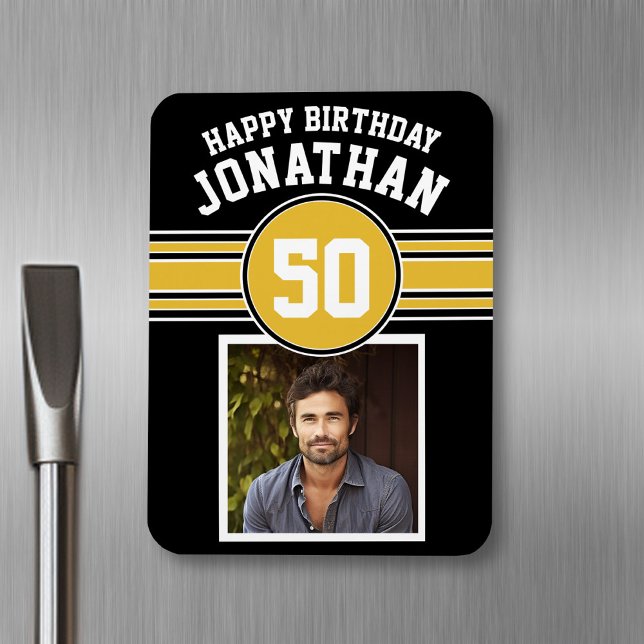 Grattis på födelsedagen Sports Rand med Guld Black Magnet (Personalized fridge magnet - sports photo with birthday theme)