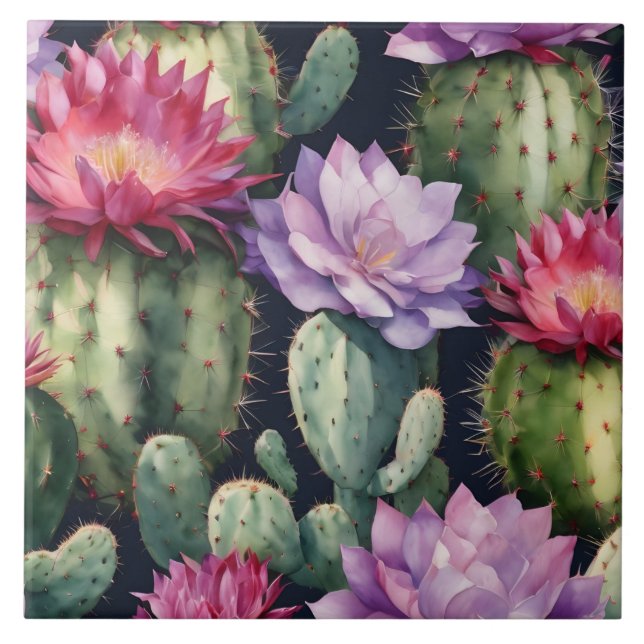 Grattis på födelsedagen Succulants, Cactus Flowers Kakelplatta (Framsidan)