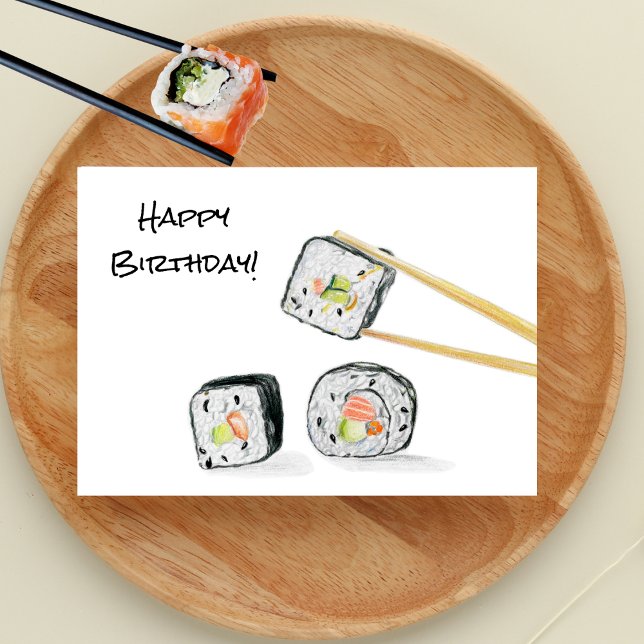 Grattis på födelsedagen Sushi-rullar Illustration Kort (Celebrate with a splash of color! Our Sushi Colored Pencil Drawing Birthday Card.)