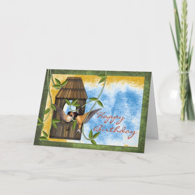Grattis på födelsedagen sväljer i fågelhus med vin kort (Framsida)