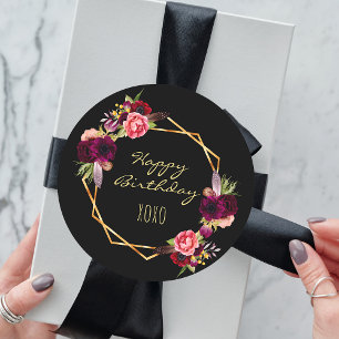 Grattis på födelsedagen svart burguny blommigt gul runt klistermärke