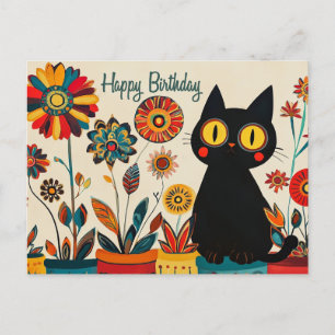 Grattis på födelsedagen svart katt med blommor vykort