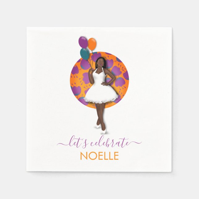 Grattis på födelsedagen! Svart kvinnor, ballonger  Pappersservett (Framsidan)
