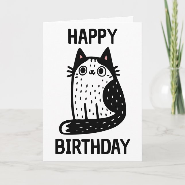 Grattis på födelsedagen svart och vit katt kort (Framsida)