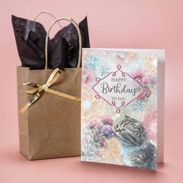 Grattis på födelsedagen Sweet Kattunge och Flowers Kort (Skapare uppladdad)