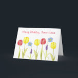 Grattis på födelsedagen Sweet Sister Tulip Flowers Kort<br><div class="desc">En färglös grattis på födelsedagen till en söt syster som dekorerade med vår blommor med gult och röda tulpaner,  blått blommar lin och vinhyacinter. Skämt födelsedagskort för att låta din syster veta att du tänker på henne på hennes speciella dag!</div>