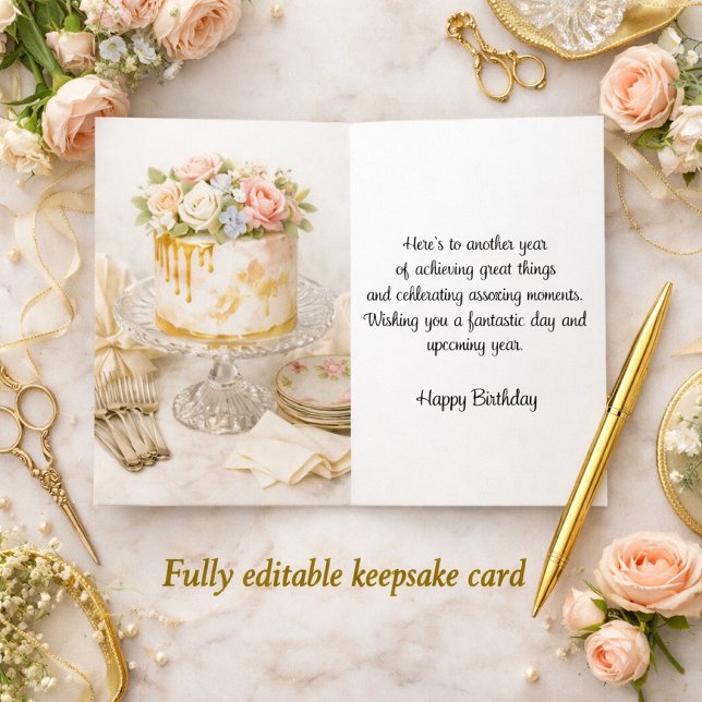 Grattis på födelsedagen Tårta Elegant Akvarell  Kort (Elegant birthday card mockup with blush florals, gold accents, and bold keepsake text for editorial )