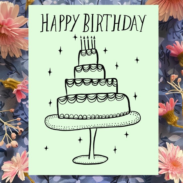 Grattis på födelsedagen Tårta Whimsical Sketch Klo Vykort (Happy Birthday Cake Whimsical Sketch Doodle Postcard
)