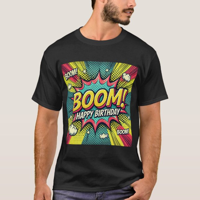 Grattis på födelsedagen Tecknad Bok Boom T Shirt (Framsida)