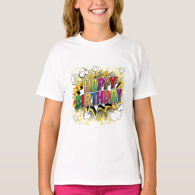 Grattis på födelsedagen - Tecknad Bok Stil T-Shirt (Framsida)