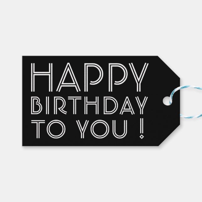 "Grattis på födelsedagen till dig!" Svartvitt Presentetikett (Framsidan (Horisontell))