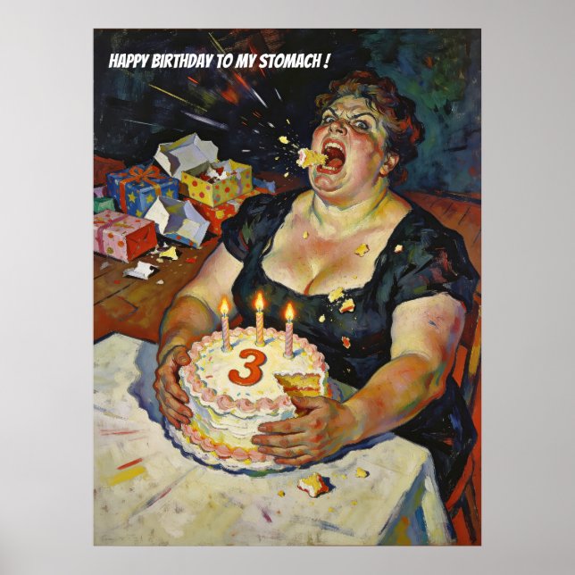 Grattis på födelsedagen till min mage – en glupskh poster (Framsidan)