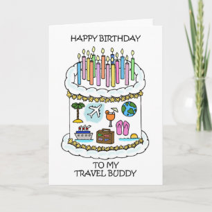 Grattis på födelsedagen till Travel Buddy Cake och Kort