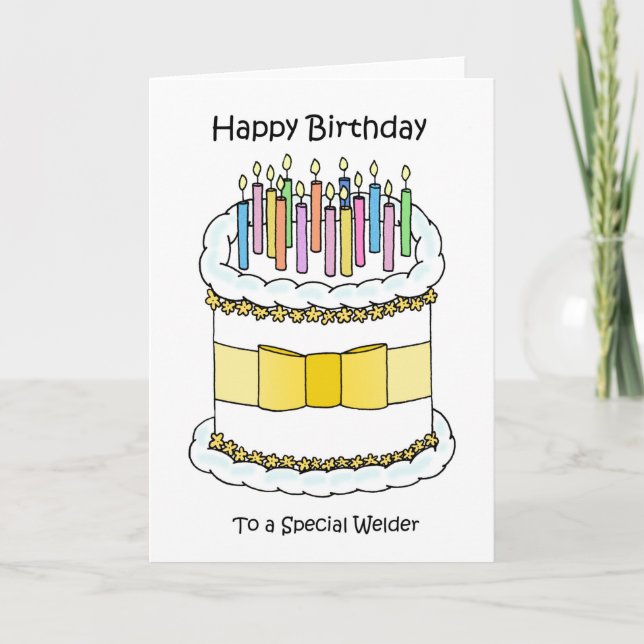 Grattis på födelsedagen till Welder Tecknad Cake a Kort (Framsida)