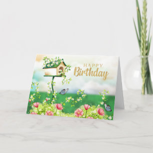 Grattis på födelsedagen Trädgårdsblommor och fågel Kort