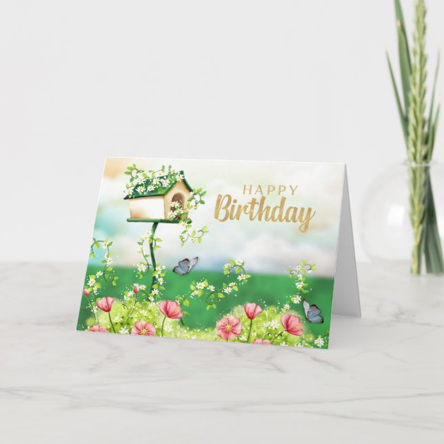 Grattis på födelsedagen Trädgårdsblommor och fågel Kort (Framsida)