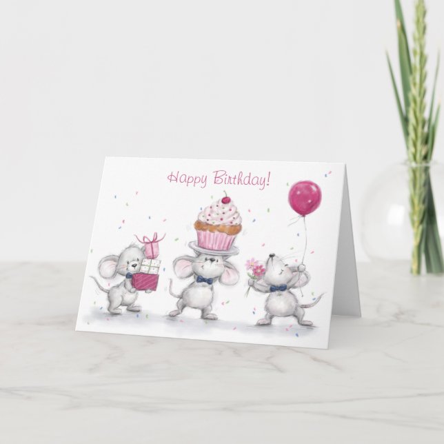 Grattis på födelsedagen, tre Cute Mice firar Kort (Framsida)
