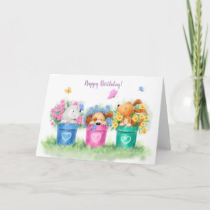 Grattis på födelsedagen, tre Hundar i tre blomkruk Kort