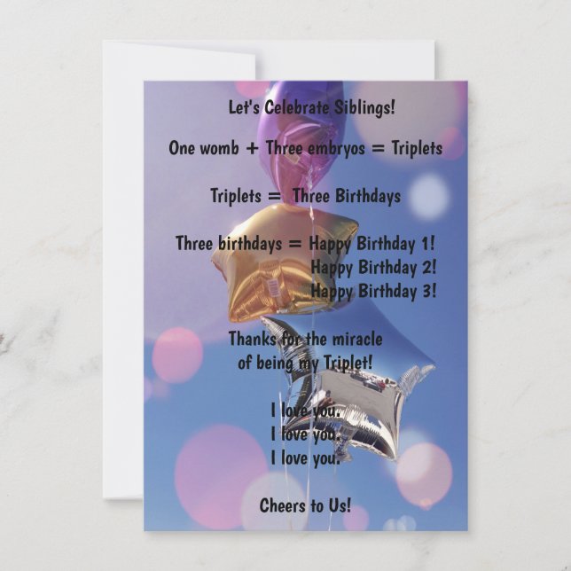 Grattis på födelsedagen Triplets! Platt hälsningsk (Framsida)