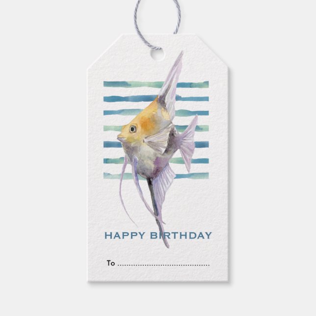 Grattis på födelsedagen, tropisk fiskstrand, kustn presentetikett (Framsidan)