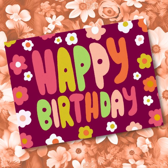 GRATTIS PÅ FÖDELSEDAGEN Tusenskönas bubbelbokstäve Vykort (Colorful cute daisy happy birthday postcard! Customize with your own text on the back side.)