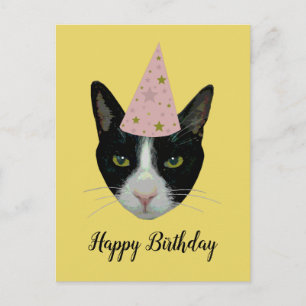 Grattis på födelsedagen - Tuxedo Cat med Party Hat Inbjudan Vykort
