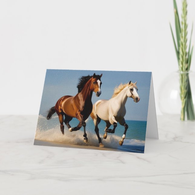 Grattis på födelsedagen två hästgalloping på stran tack kort (Framsida)